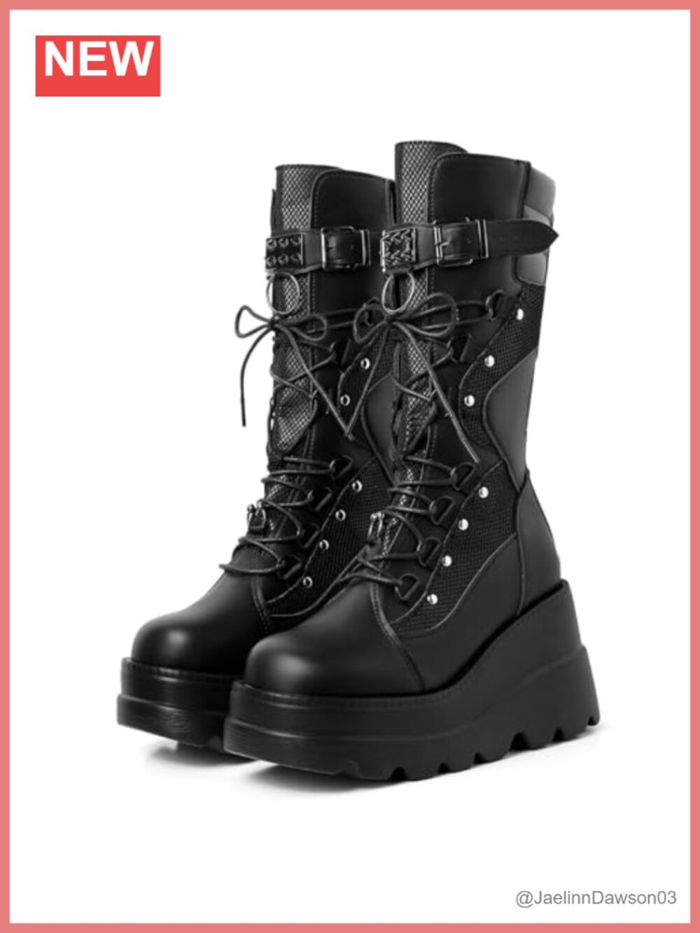 Platform Combat Boots Mid-Calf Vegan PU Leather Faux Suede Goth Rave